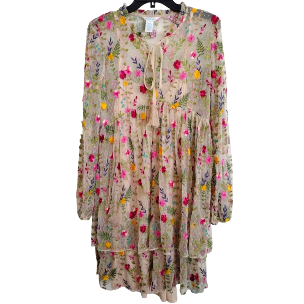 Sundance Beige Multicolor Floral Embroidered Dress Size Petite Medium